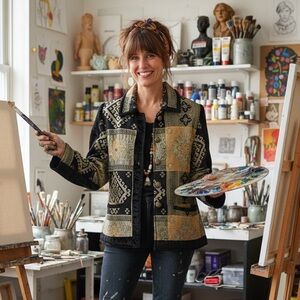 Vintage Parsley & Sage Patchwork Tapestry Jacket Black Gold Velvet Trim Small